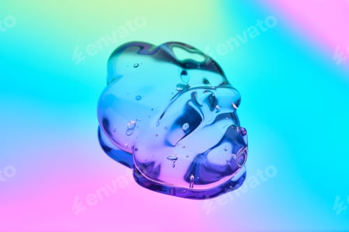 Preview: A drop of cosmetic serum on a multicolored background in shades of blue and lilac.