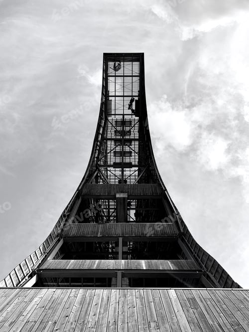 Preview: Black and white low angle view of observation tower, abstract architecture picture
