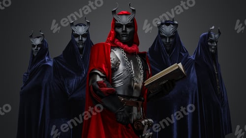 Preview: Four members of mysterious cult and leader with book