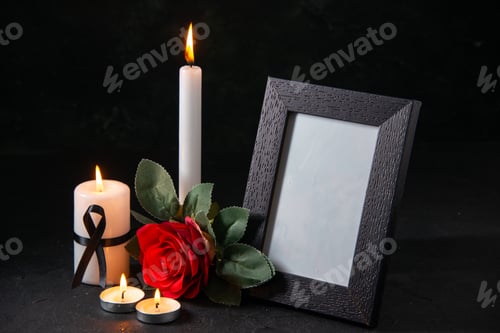 Preview: front view white candle with picture frame and flower on dark background death evil funeral