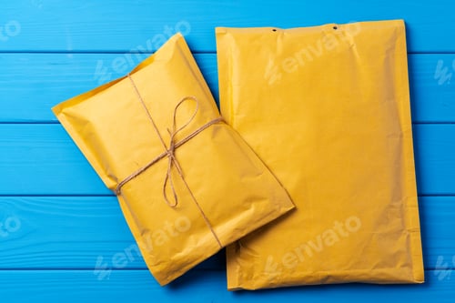 Preview: Lot of yellow paper postal envelopes. Top view.
