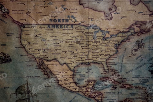 Preview: Closeup shot of a North America continent on a vintage map