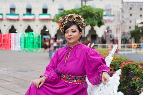 Preview: Portrait of Beautiful Mexican Woman with Floral Headdress Celebrating Independence Day