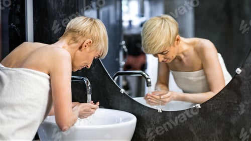 Preview: Woman Washing Her Face Doing Morning Beauty Routine In Bathroom