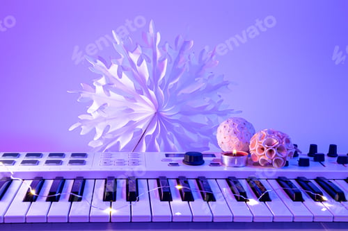 Preview: Christmas background with midi keyboard and holiday decor with neon lights.