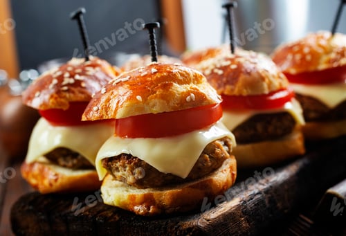 Preview: Delicious Appetizer Mini Burgers on Wood Board