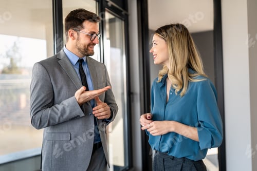 Preview: Portrait of successful business people working, talking together in corporate office during work.