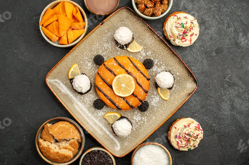 Preview: top view delicious little cake with coconut candies on dark-grey background cake dessert biscuit