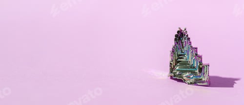 Preview: Synthetic bismuth Bismuthum crystal with iridescent oxide film on pink background close up isolated