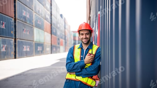 Preview: Engineer or foreman standing on the container yard warehouse talk on a portable radio.