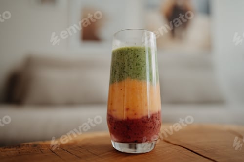 Preview: Close up of a glass filled with a 3 colors smoothie