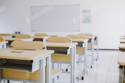 Preview: Empty Classroom with Desks and White Board