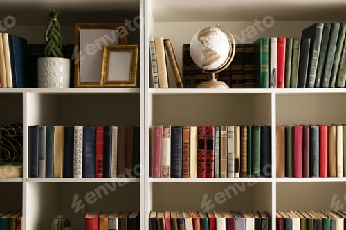 Preview: Collection of books and decor elements on shelves. Home library
