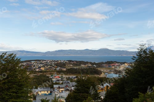 Preview: A view from panorama to the harbor and mountains of Ushuaia city