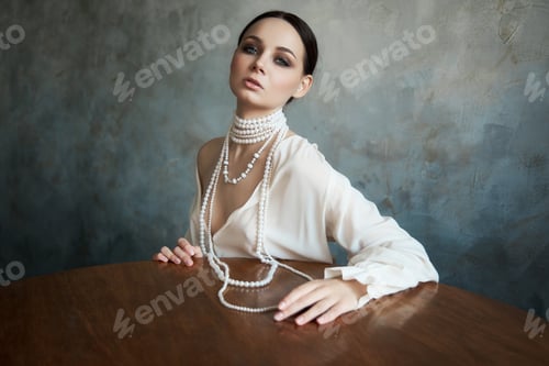 Preview: Beautiful slender brunette girl sitting on the sofa in a long white dress. Portrait of a woman