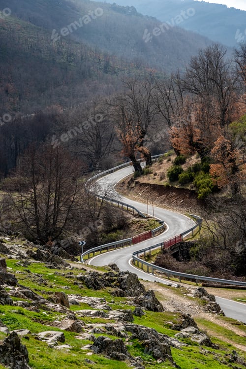 Preview: Windong road on the morning mist in Sierra del Rincon, Madrid, Spain.