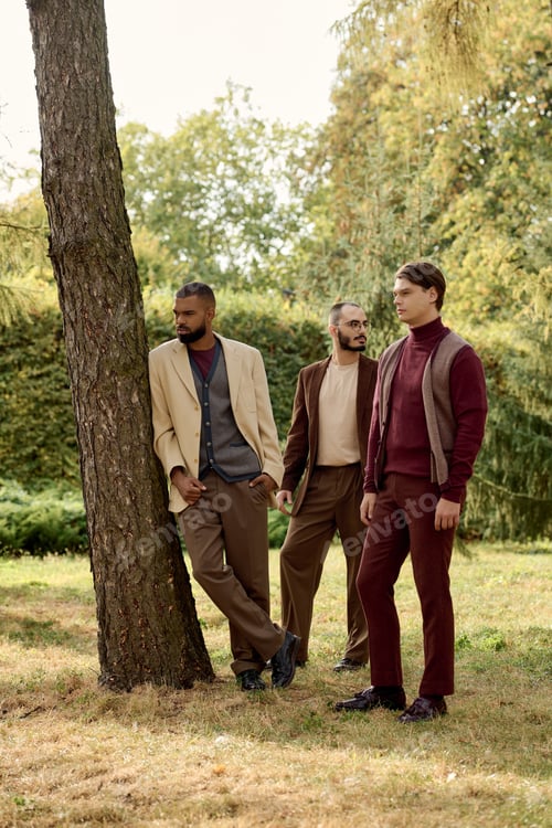 Preview: Stylish men dressed for autumn enjoy a serene day in a picturesque natural setting