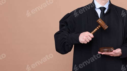Preview: Judge with mallet and sound block on beige background, closeup. Space for text