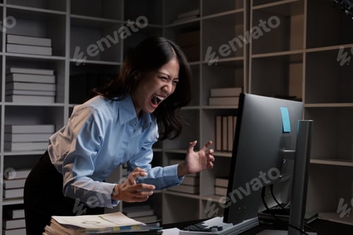 Preview: Stressful young Asian business woman having a mental breakdown after working too much, working overt