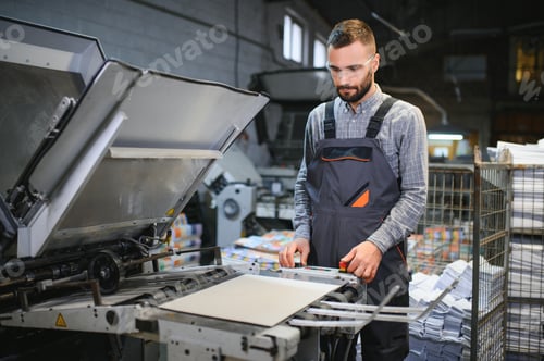Preview: Graphic engineer or worker checking imprint quality in modern print shop