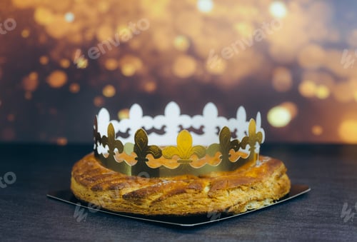 Preview: Almond royal galette with crown on table with bokeh.