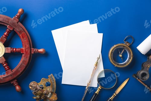Preview: Old fashioned flat lay with retro accessories on blue background