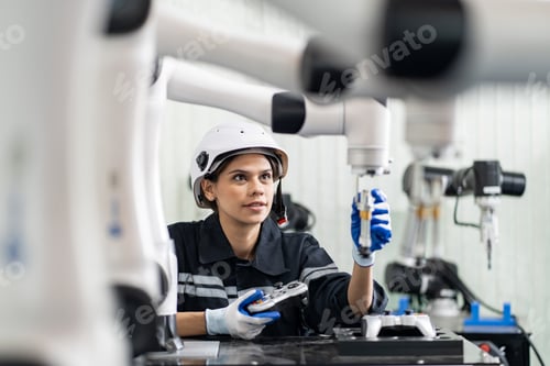 Preview: Female Engineer check and control automation robot arms machine in factory. robotics manufacturing.
