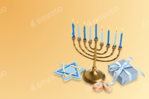 Preview: Hanukkah menorah with candles, star of David, dreidels, and gift box