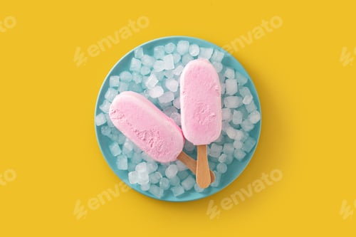 Preview: Strawberry popsicles and crushed ice on blue plate and yellow