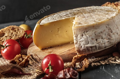 Preview: Delicious cheese round cut with ripe tomatoes and nuts on a rustic table