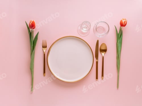 Preview: Pink festive table setting on pink, copyspace