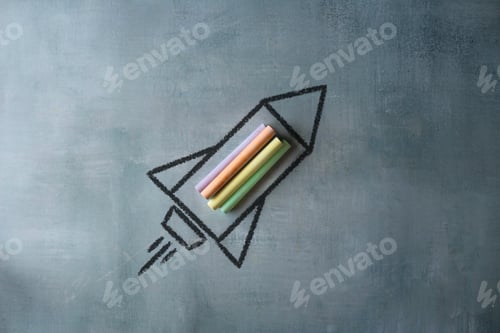 Preview: Sketch of rocket ship launch made with colorful chalk on chalkboard with copy space.