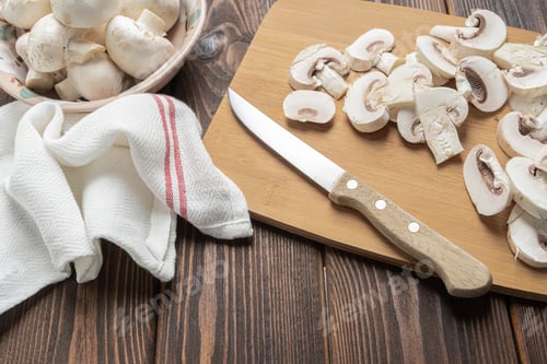 Preview: Mushrooms with Knife on Wooden Cutting Board