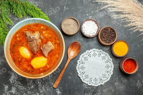 Preview: top view tasty meat soup with potatoes and seasonings on dark background photo oil calorie dinner
