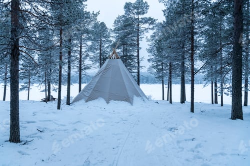 Preview: Kota bell tent in the forest for luxury camping and glamping in a winter wonderland snow covered lan