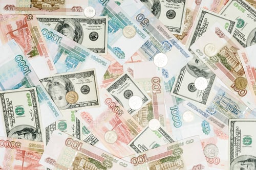 Preview: seamless background with dollars, russian banknotes and coins