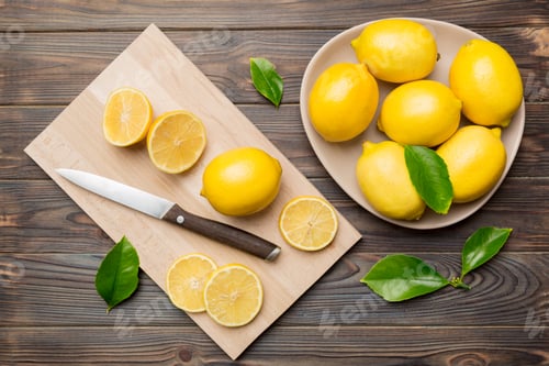 Preview: Top view with copy space for fresh and ripe lemons on cutting board.