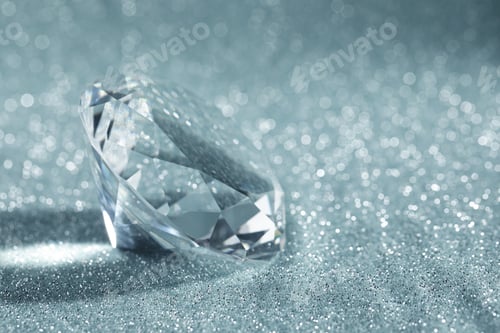 Preview: Beautiful dazzling diamond on shiny glitter background, closeup. Space for text