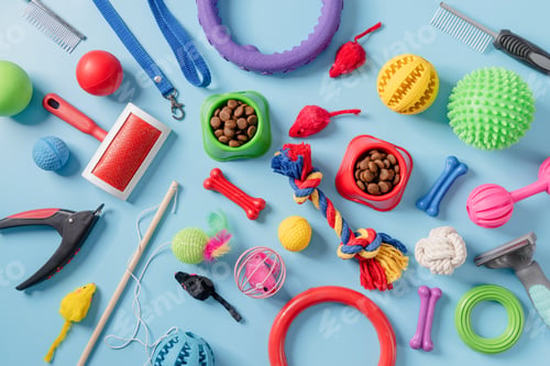 Preview: Pet care concept, various pet accessories on bluebackground, flat lay