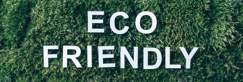 Preview: Inscription Eco friendly on moss, green grass background. Top view. Copy space. Banner. Biophilia