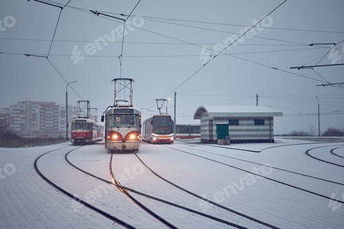 Preview: Winter in the city. Trams at the station during heavy snowfall. Prague, Czech Republic