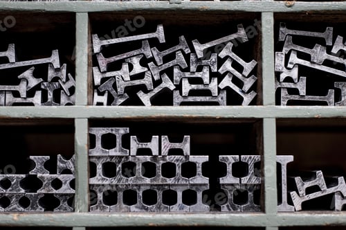 Preview: Close up of shelves and metal components in printing workshop
