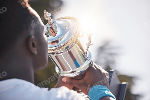 Preview: Trophy, winner and black man with sports achievement, goal and success on sky mockup and sunshine f