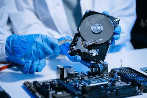 Preview: Technician repairing inside of hard disk drive by screwdriver. the concept of data, hardware