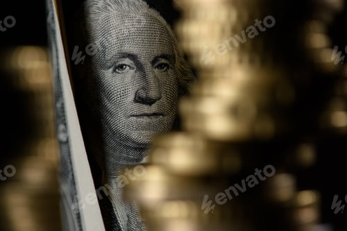 Preview: selective focus of dollar banknote and pile of coins isolated on black