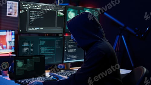 Preview: Hacker arriving in hidden underground shelter, prepared to launch DDoS attack