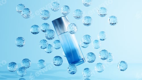 Preview: Unbranded glass cosmetic bottle on blue background. Levitating crystal balls. Perfume product