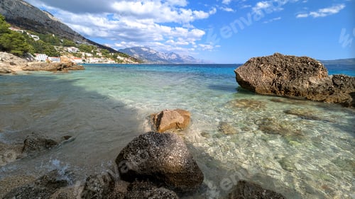Preview: coastal landscape scenery, mountain in background, Mimice, Dalmatia, Croatia