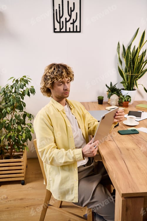 Preview: Young Man Relaxing While Reading on Tablet