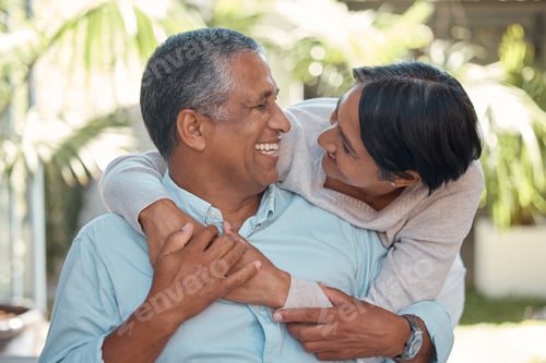 Preview: Happy senior couple hug in garden, love and romance in retirement. Nature, summer and mature man an